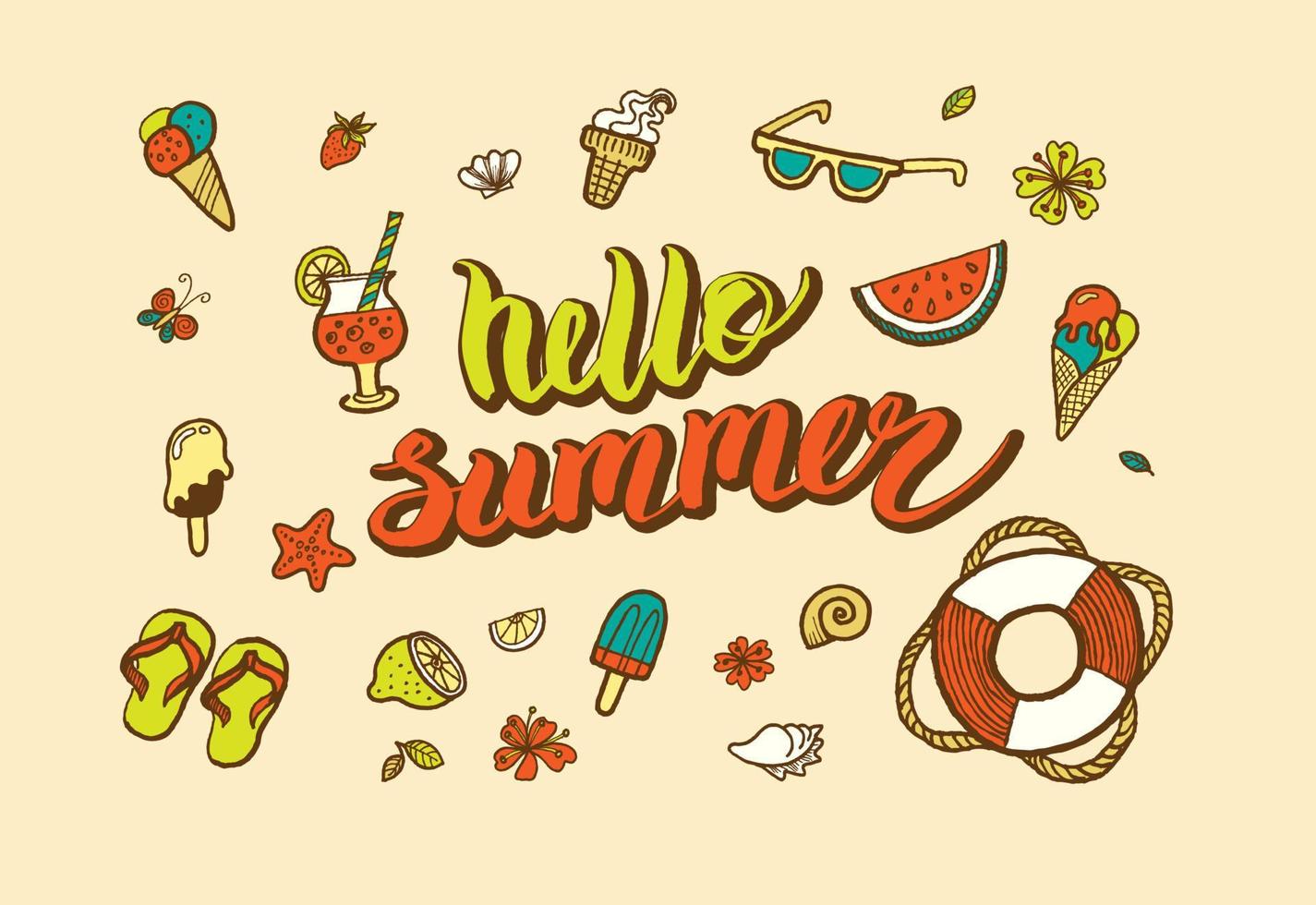 Vector illustration of funny summer symbols and icons such as watermelon, shells, ice cream, strawberry, lemon, cocktail, lifebuoy, flip flops, and sunglasses.