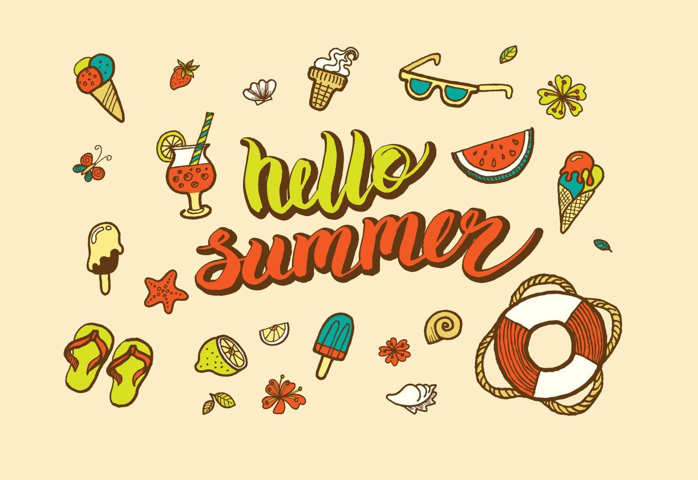 ilustración vectorial de divertidos símbolos e iconos de verano como sandía, conchas, helado, fresa, limón, cóctel, aro salvavidas, chanclas y gafas de sol. vector