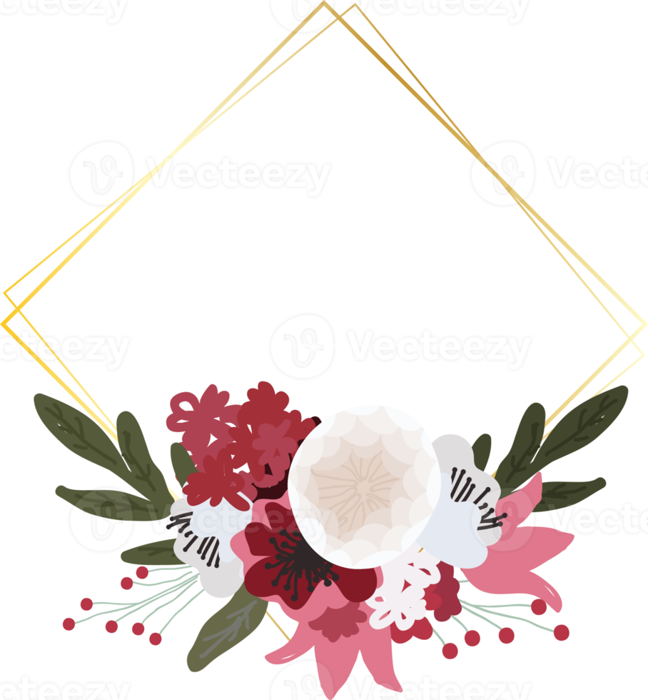 beautiful red and white flower bouquet with golden geometric frame flat style png