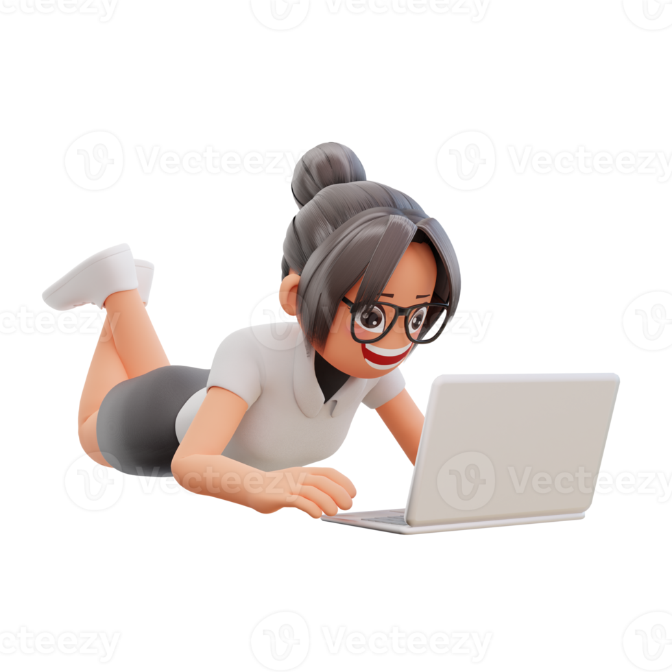 3d geven schattig bedrijf vrouw houden laptop png