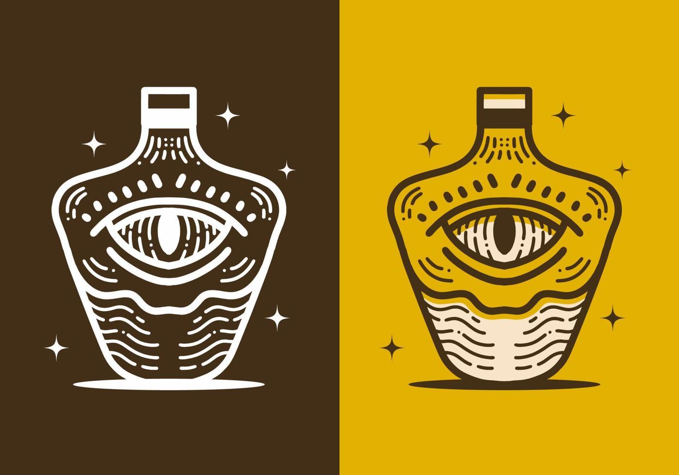 diseño de arte de línea retro de una botella de vidrio y un ojo vector