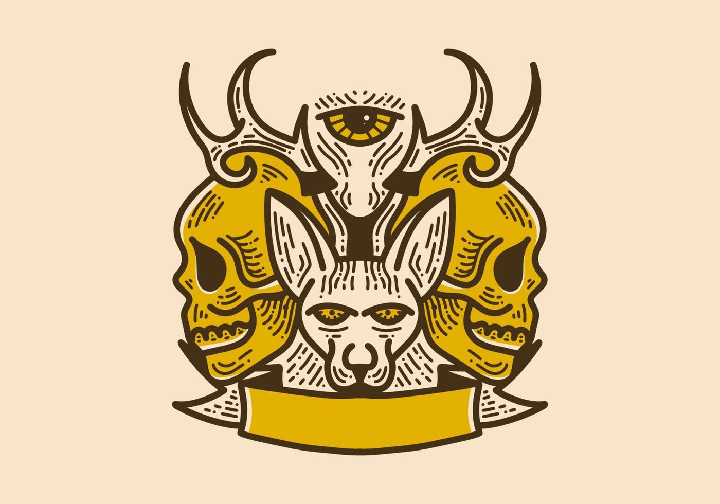 Brown yellow color of a cat with deer antlers and two skulls beside it vector