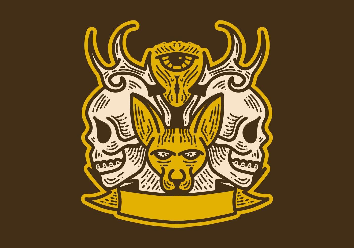 Vintage art drawing of a cat and skull badge vector