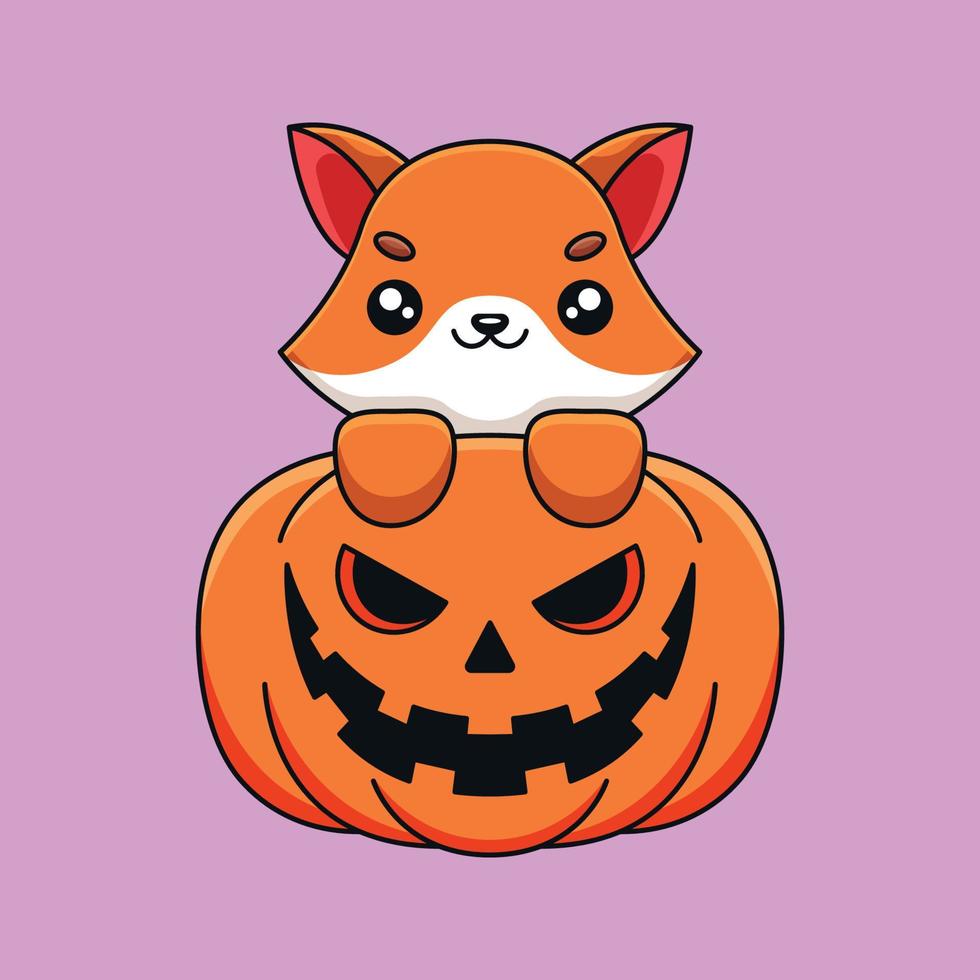 cute pumpkin fox halloween cartoon mascot doodle art hand drawn concept vector kawaii icon illustration