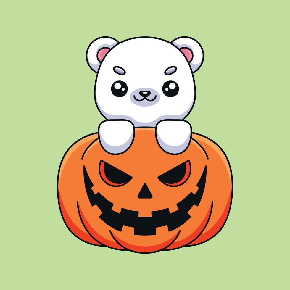 cute pumpkin polar bear halloween cartoon mascot doodle art hand drawn concept vector kawaii icon illustration