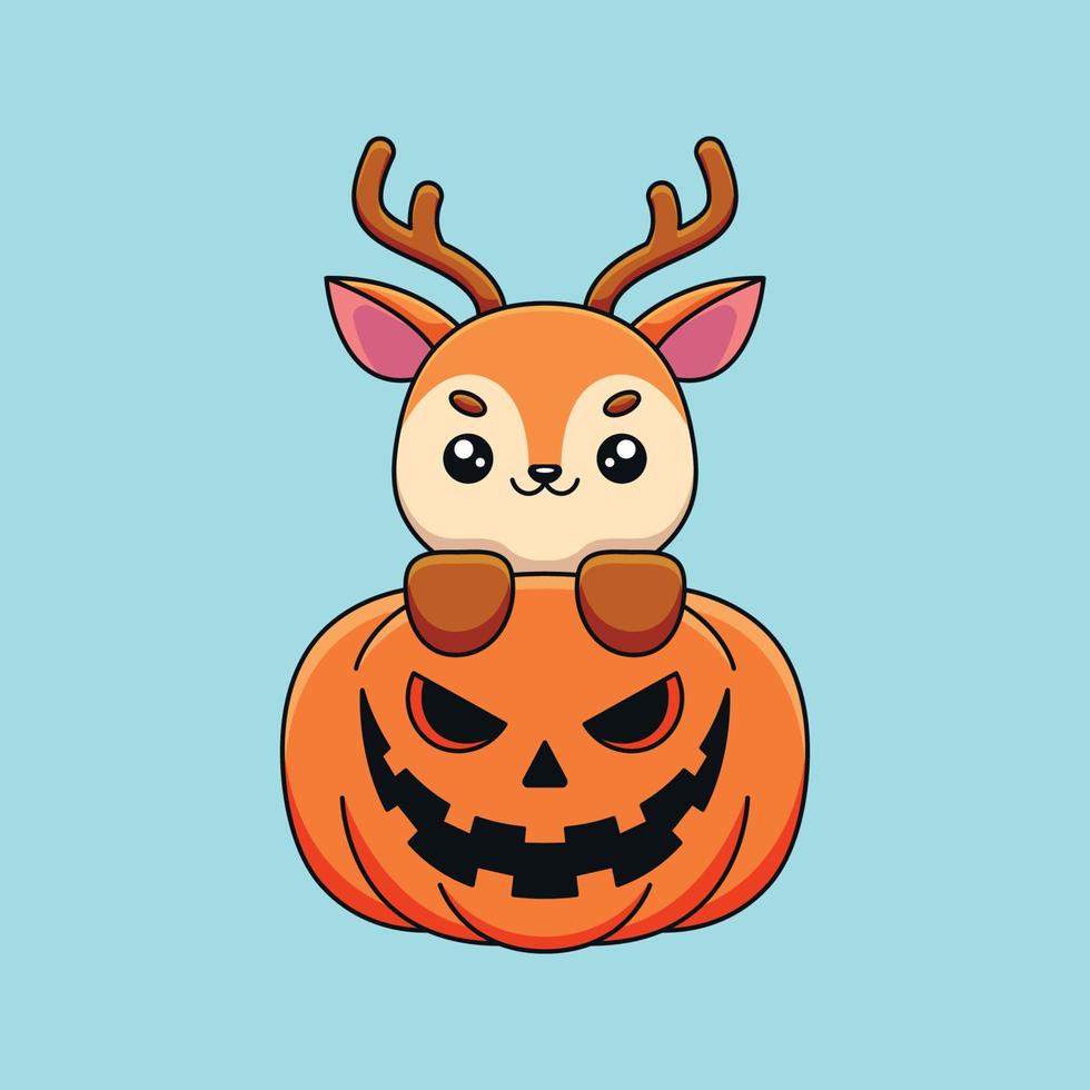 cute pumpkin deer halloween cartoon mascot doodle art hand drawn concept vector kawaii icon illustration