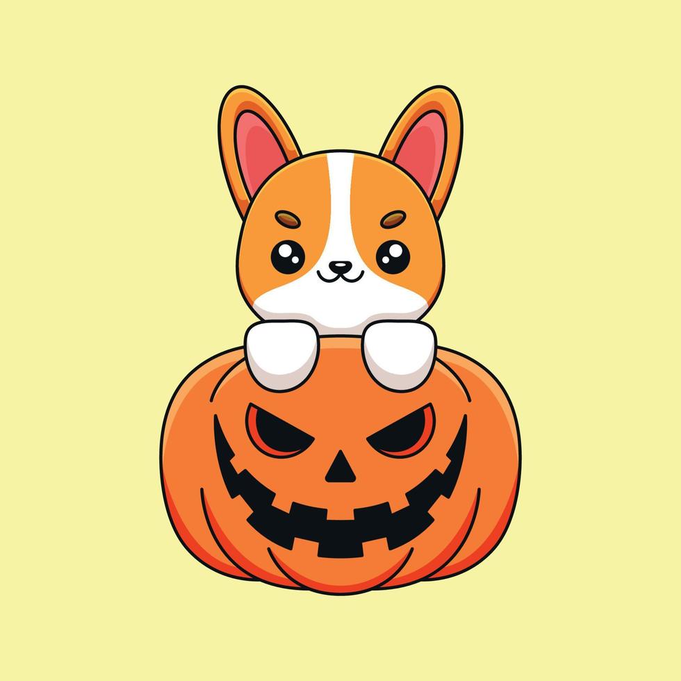 cute pumpkin corgi halloween cartoon mascot doodle art hand drawn concept vector kawaii icon illustration