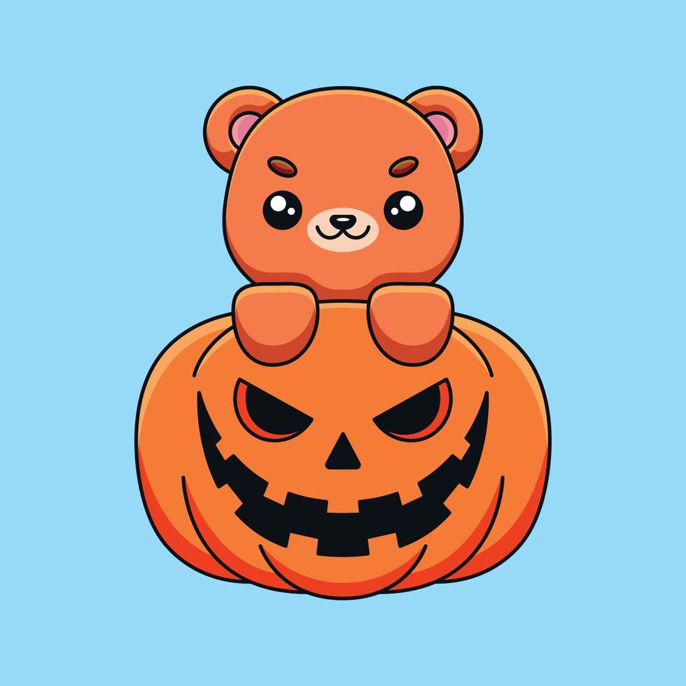 cute pumpkin bear halloween cartoon mascot doodle art hand drawn concept vector kawaii icon illustration