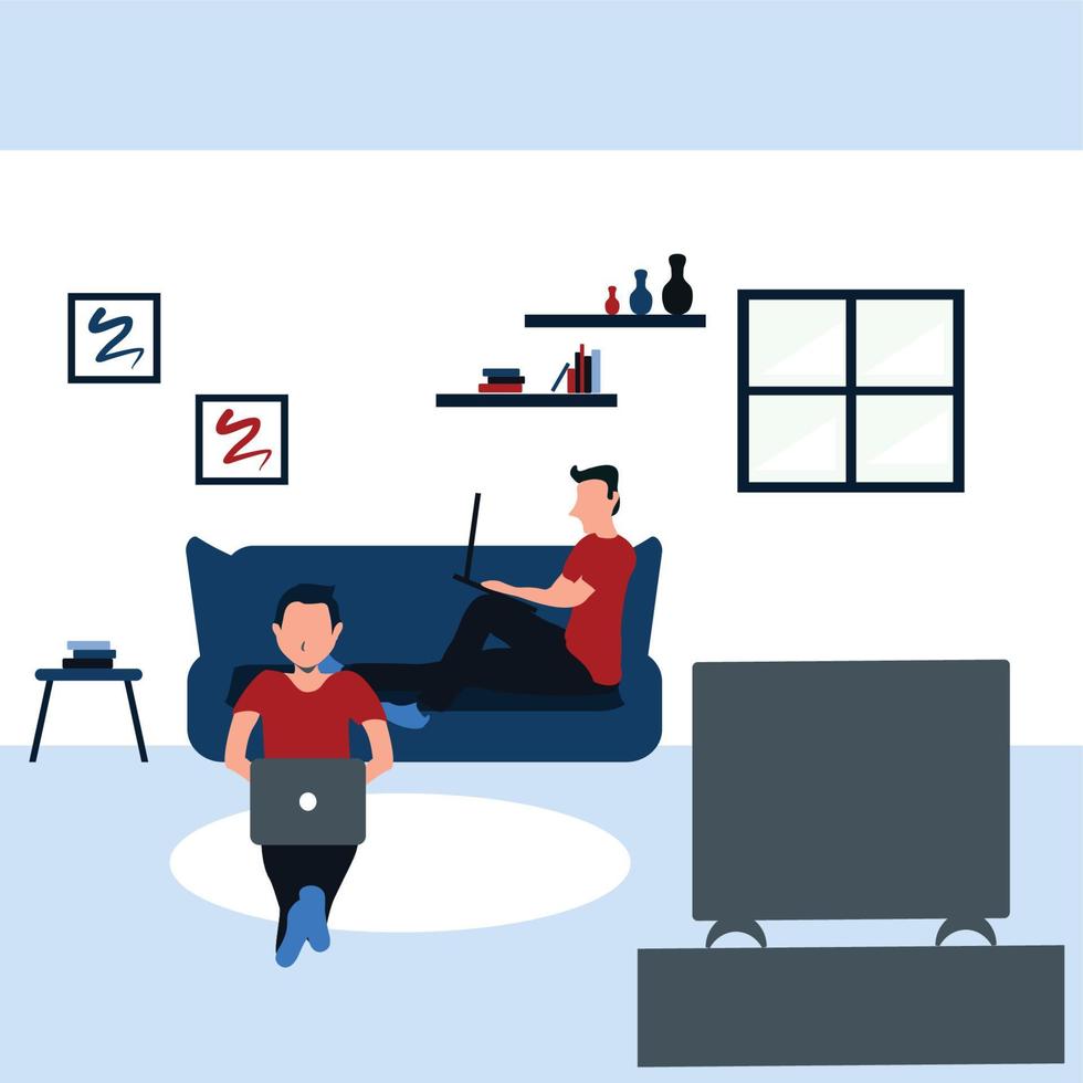 two man surfing internet with their laptop and watching television - colorful flat cartoons illustrations vector