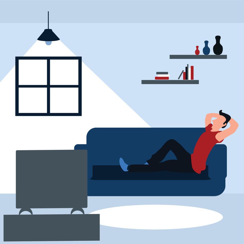 at the living room, a man casually watching television - colorful flat cartoons illustrations vector