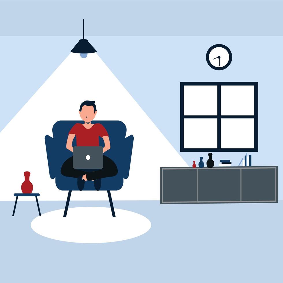 working from home, a man casually sit on his favorite sofa - colorful flat cartoons illustrations vector
