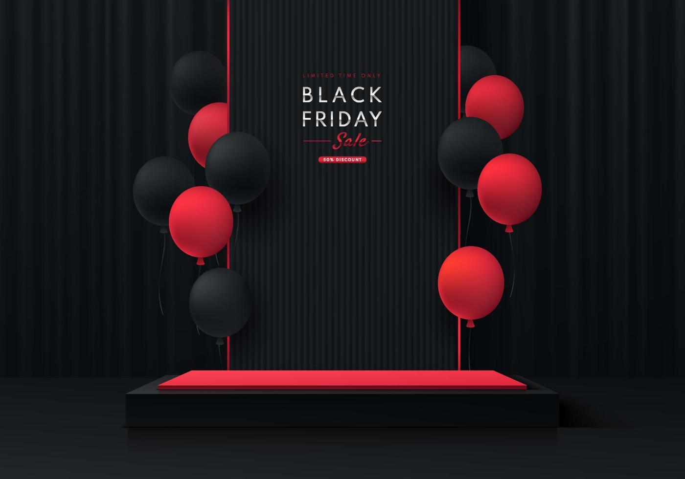 Realistic 3D black, red cube box pedestal podium with black curtain background and red balloons. Black friday sale concept, Vector abstract minimal scene products stage showcase, Promotion display.