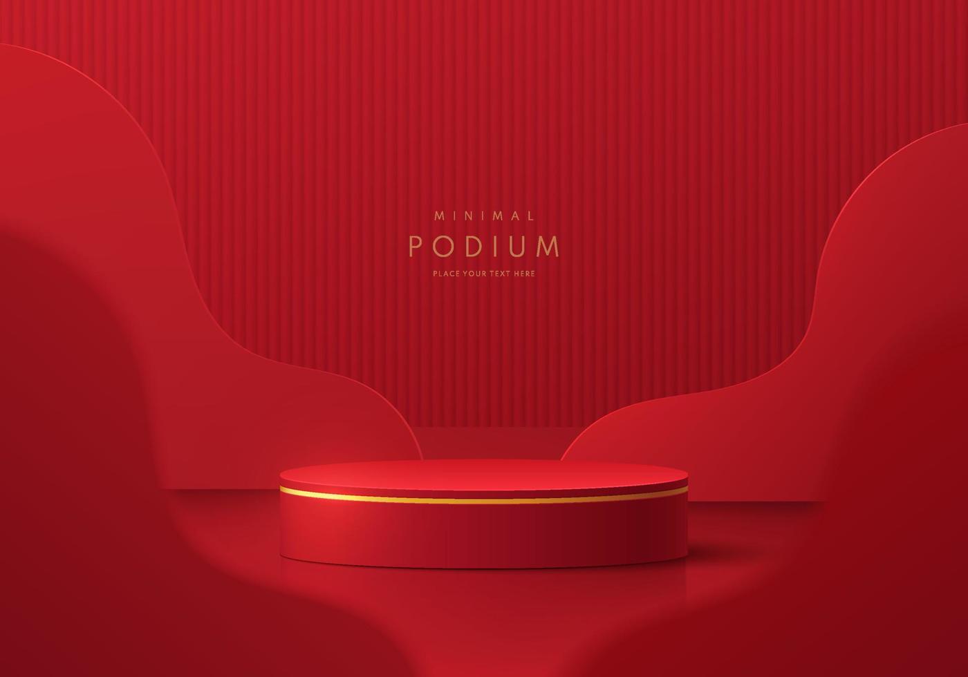 Realistic 3D dark red, gold cylinder pedestal podium with wavy shape layers background. Abstract minimal scene mockup product stage showcase, Promotion display. Happy lantern day concept. Vector EPS10