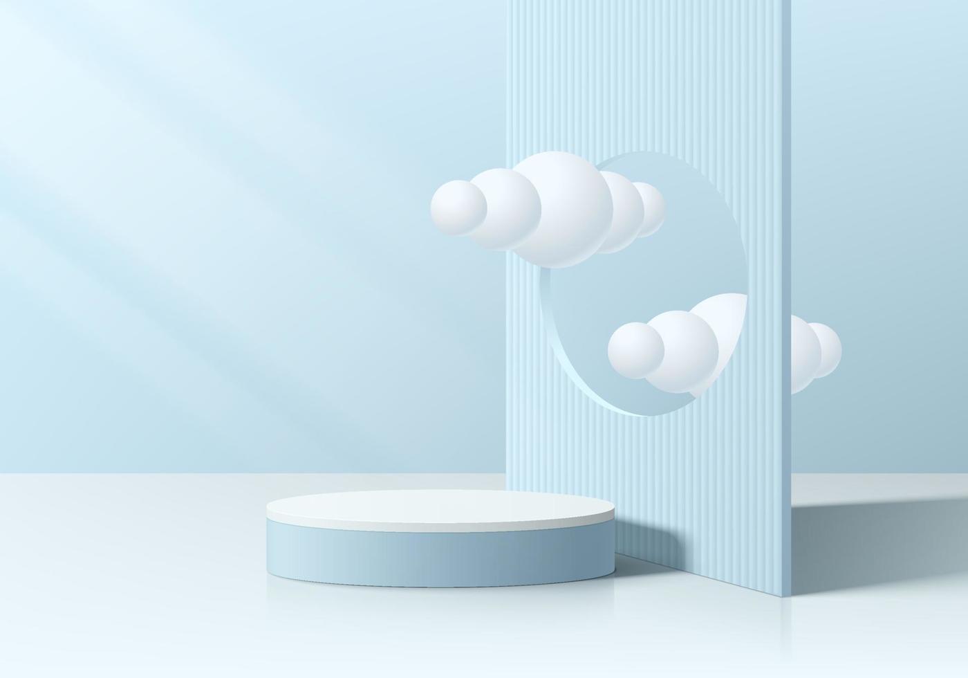 Realistic 3D blue and white cylinder pedestal podium with white bubbles cloud flying background. Abstract minimal scene for mockup products, stage showcase, promotion display. Vector geometric forms.