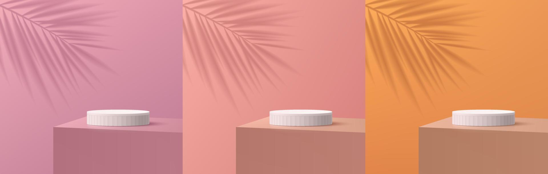 Set of realistic 3D white cylinder stand podium on desk table with pink, purple, orange background and palm leaf shadow. Vector abstract geometric form. Minimal scene products display. Stage showcase.