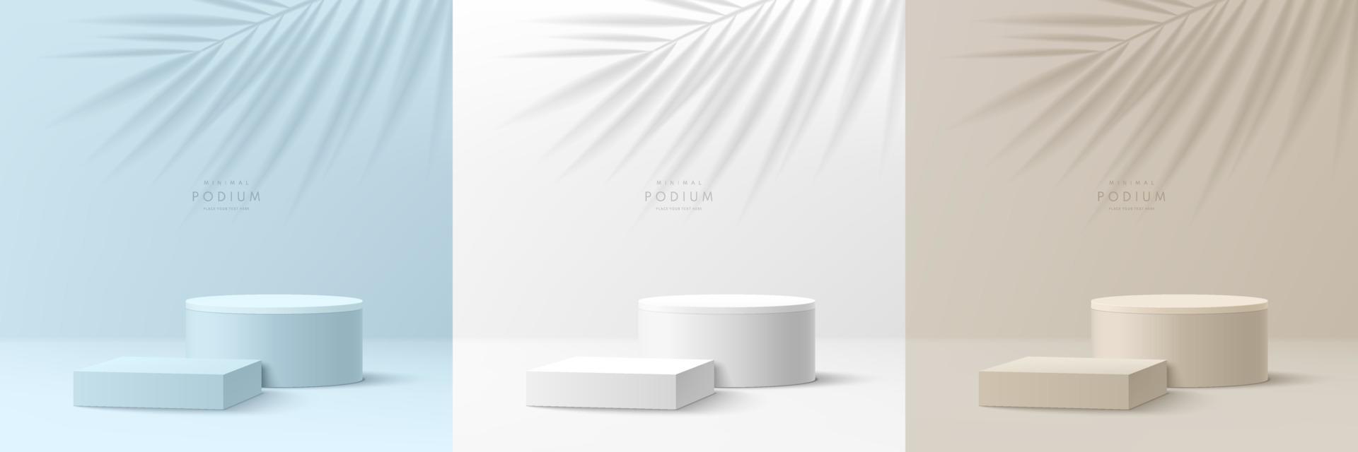Set of abstract 3D background with realistic blue, white, beige cylinder and cube pedestal podium. Palm leaf shadow overlay. Minimal scene mockup product display, Stage showcase. Vector geometric form