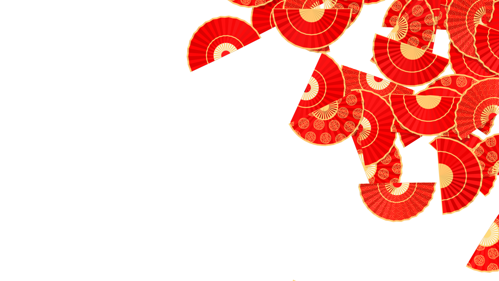 Chinese Traditional Hand Fans Isolated on Sides, Red and Golden Colors , 3D Rendering png