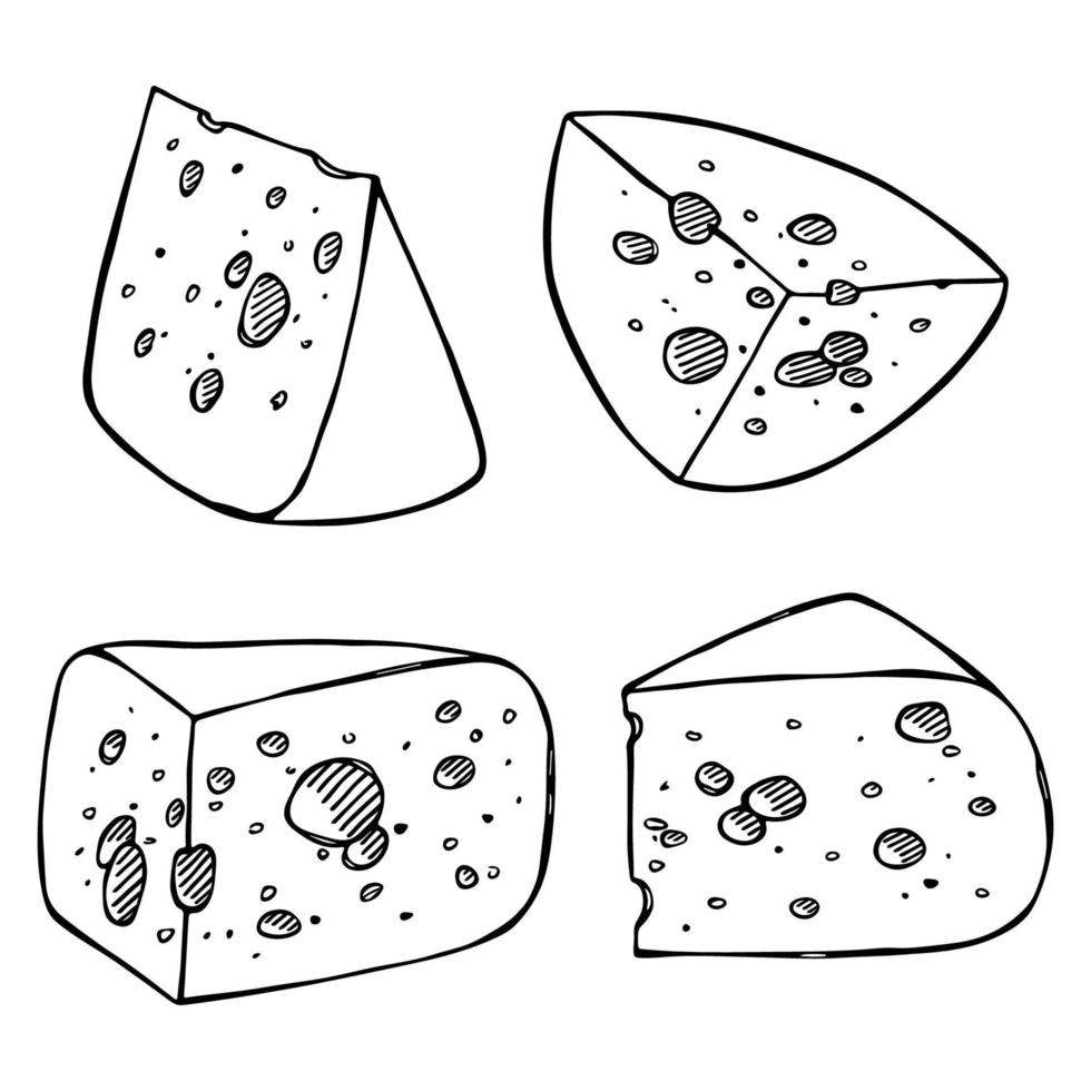 partes y lonchas de queso dibujadas a mano aisladas en un fondo blanco. icono de queso. Imágenes Prediseñadas de vector de queso