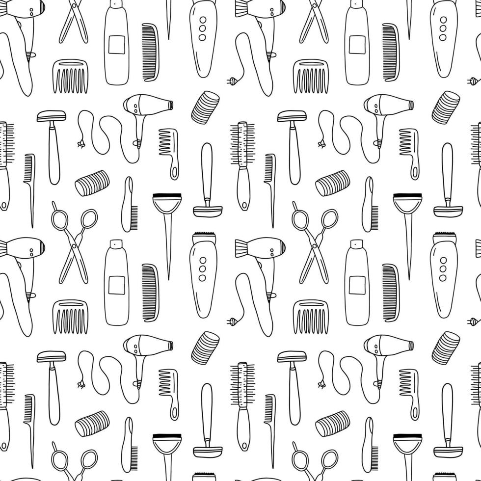 Doodle hair salon seamless pattern isolated on white background. Hand drawn vector barbershop elements seamless pattern