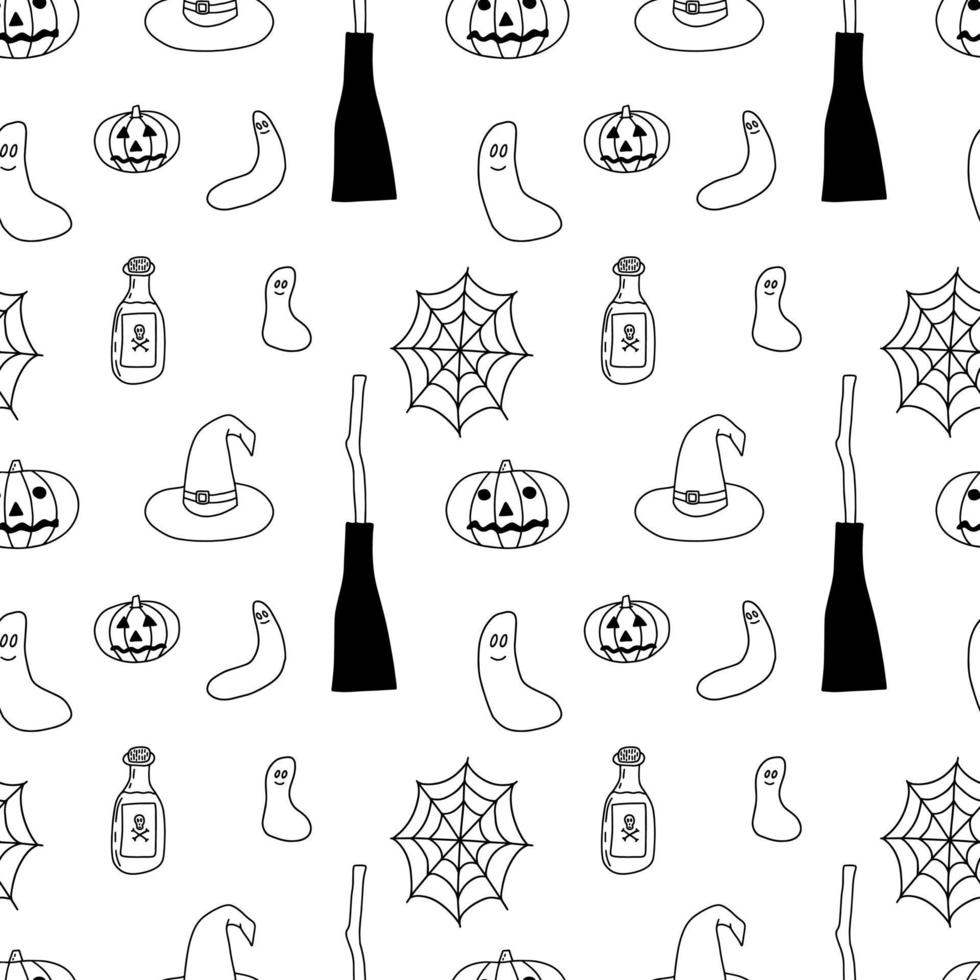 Halloween doodle seamless pattern isolated on white background. Witch broom and hats, pumpkin and ghost vector print