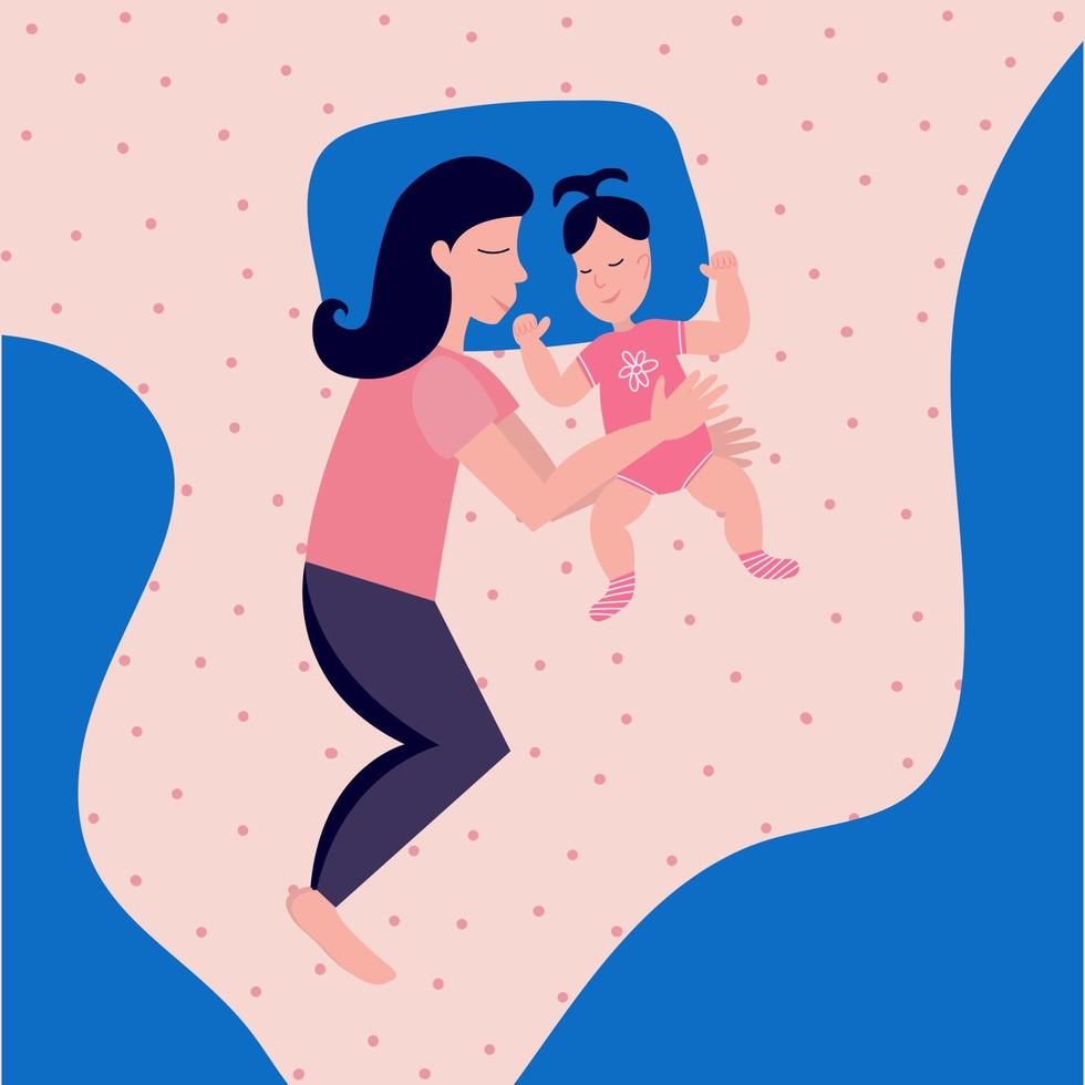 Happy mother sleeping with her child on bed. Mom and baby girl sleeping together vector