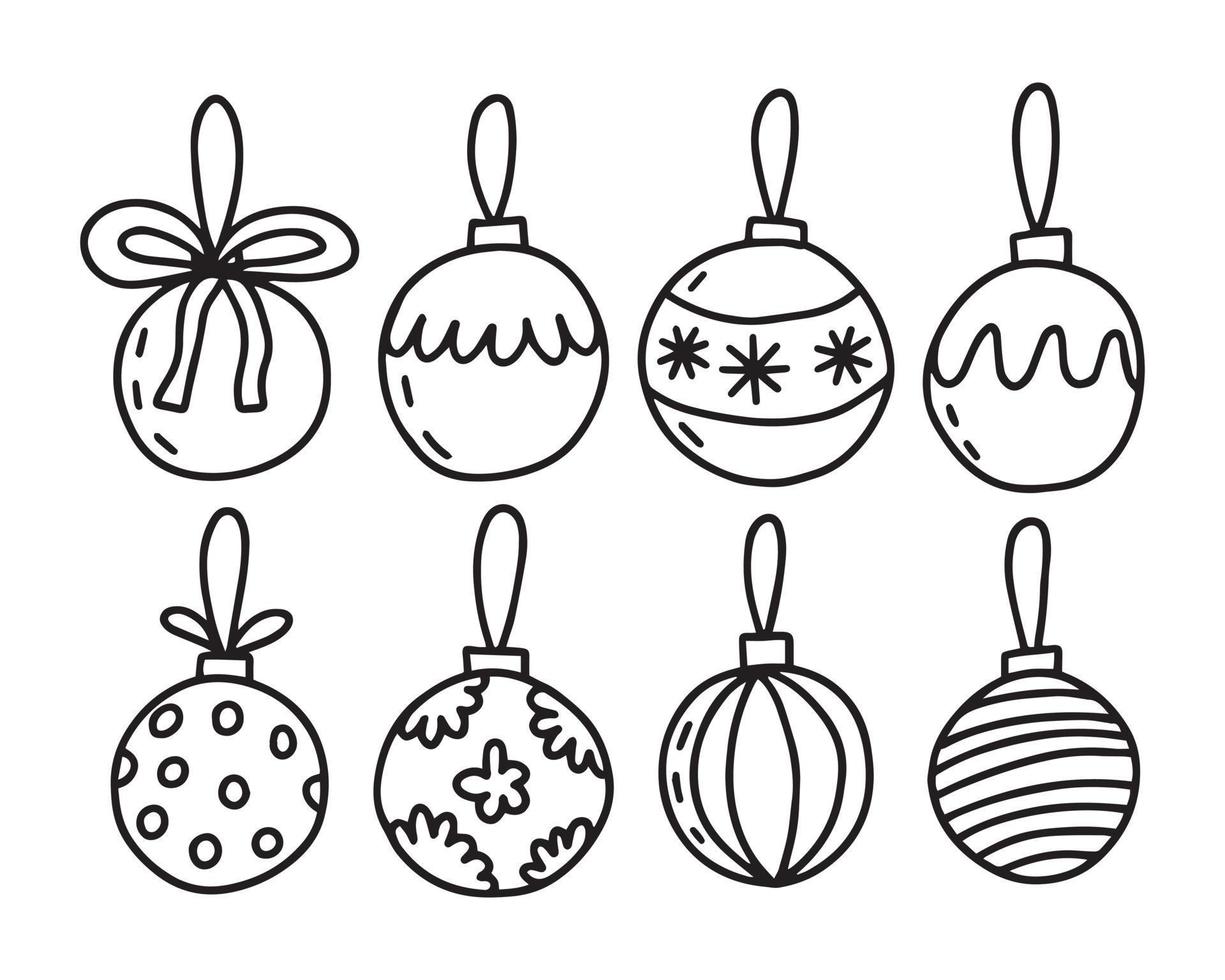 Christmas balls doodle vector set. Different kinds of Christmas balls