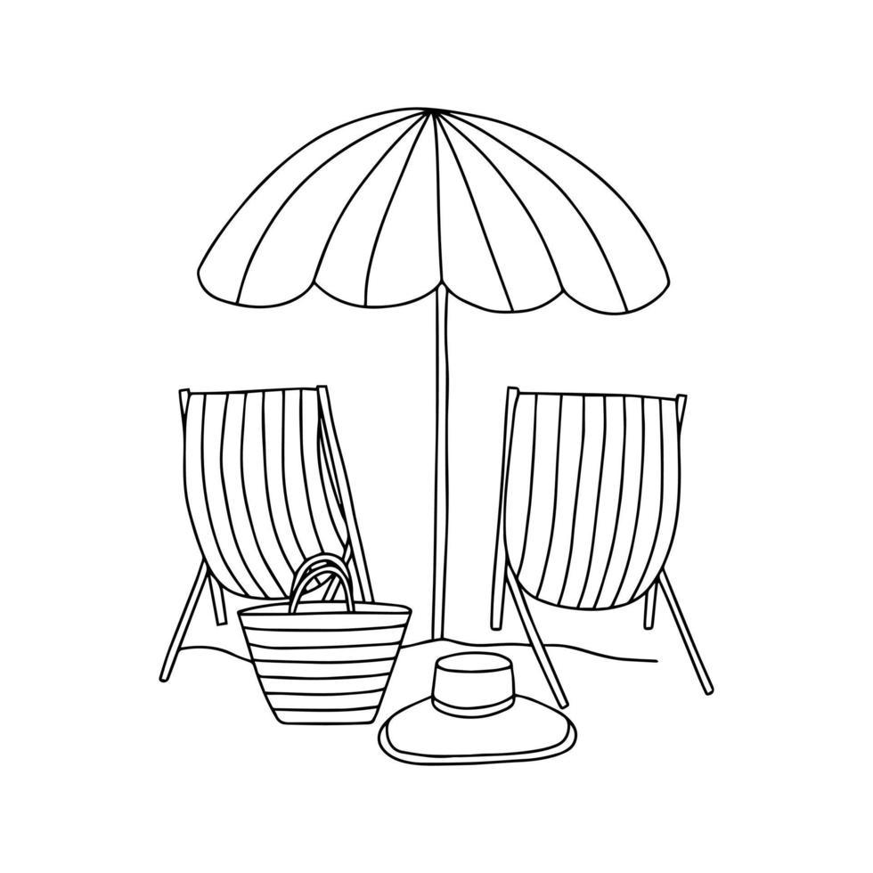 Hand drawn beach umbrella and beach chairs vector coloring page.