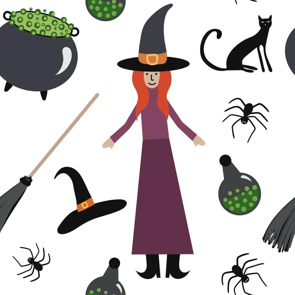 Vector Halloween seamless pattern. Witch, pot with green potion, cat, skull, spider, spider's web, pumpkin. Design for Halloween decor, textile, wrapping paper, wallpapers, sticker, greeting cards.