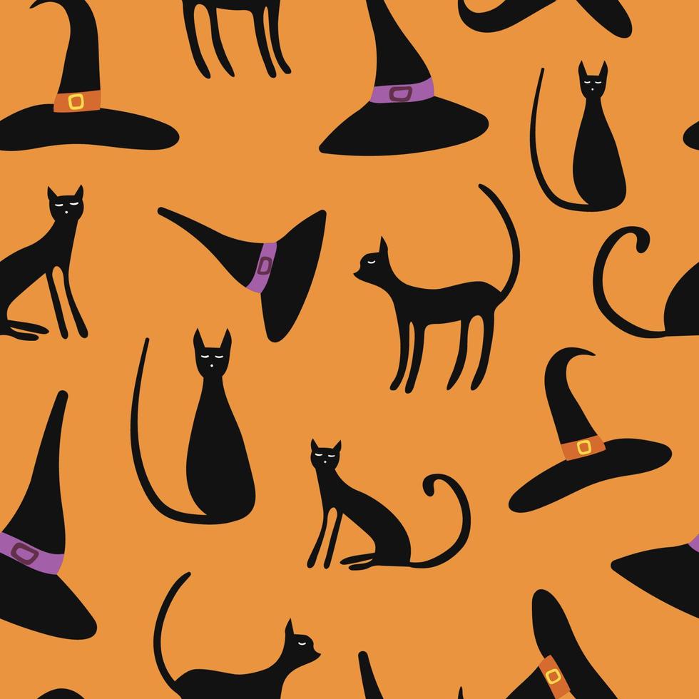 Hats seamless pattern. Witch hat and cats isolated on orange background vector