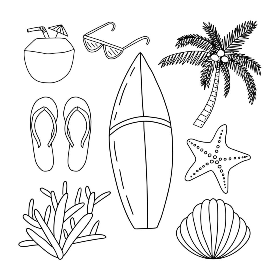 Summer doodle stickers set.  Vector hand drawn summeritems set.