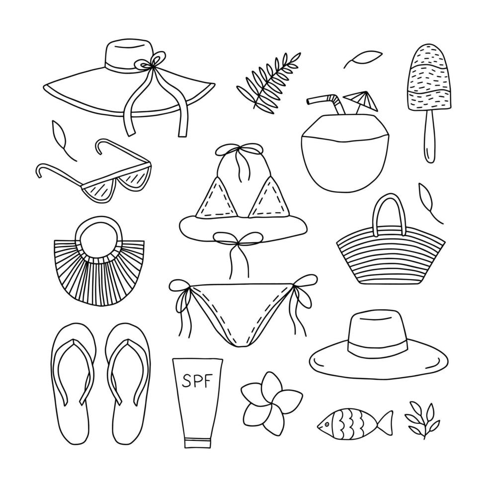 conjunto de elementos de playa de verano vectorial. doodle conjunto de artículos de verano dibujados a mano vector