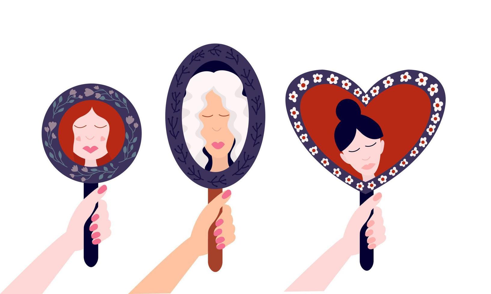 Woman looking in mirror in hands and reflexing her face vector flat illustration. Different women holding mirror and looking in vector set.