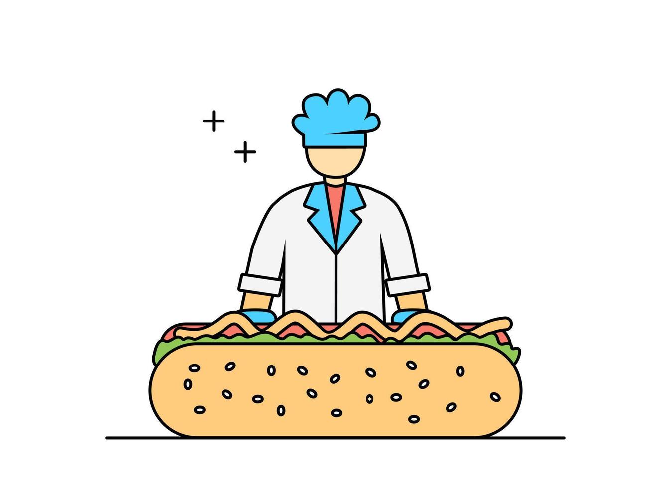 Illustration of flat design outline chef working with pizza and burgers vector