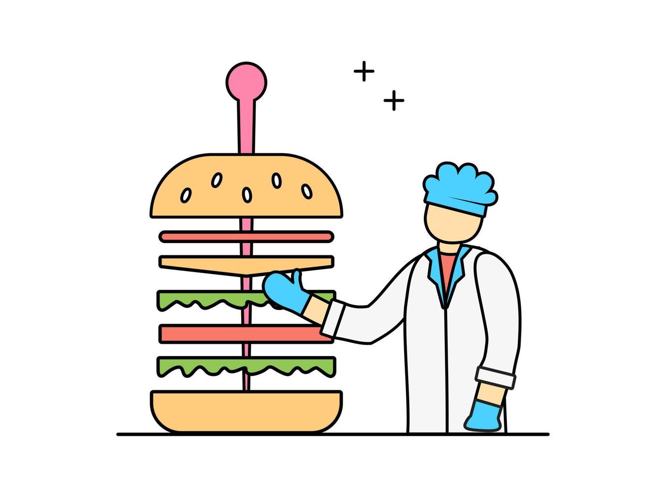 Illustration of flat design outline chef working with pizza and burgers vector