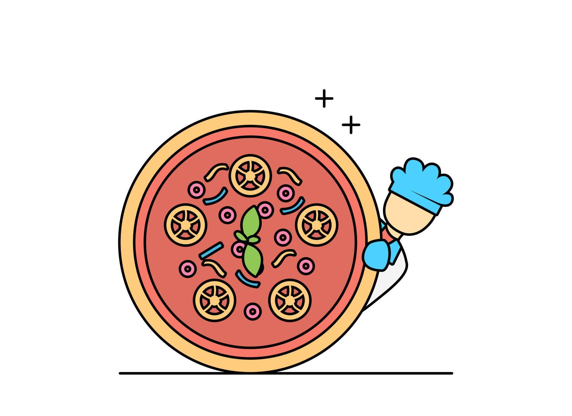 Illustration of flat design outline chef working with pizza and burgers