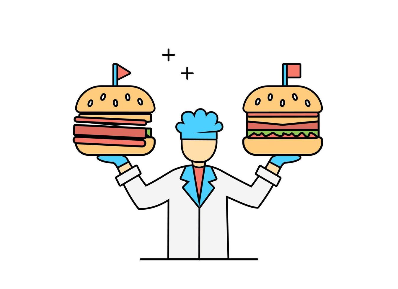 Illustration of flat design outline chef working with pizza and burgers vector