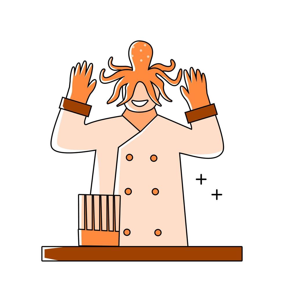 illustration of a chef cooking seafood using a flat design outline style vector