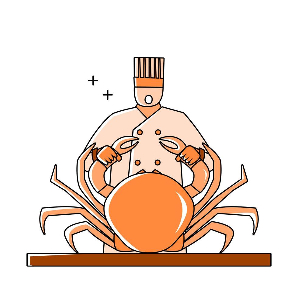 ilustración de un chef cocinando mariscos usando un estilo de esquema de diseño plano vector