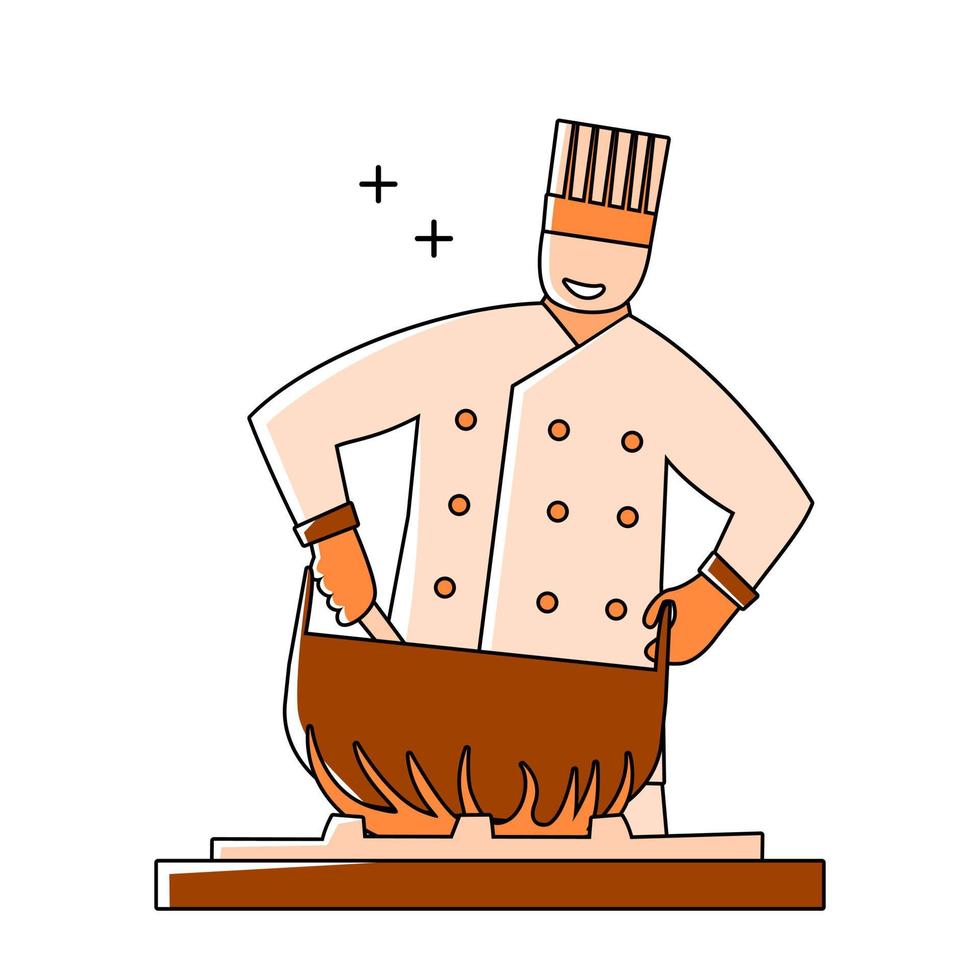 illustration of a chef cooking seafood using a flat design outline style vector