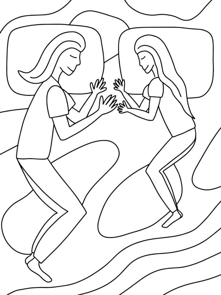 Mother and daughter sleeping together on bed. Mom and her child sleeping coloring page vector