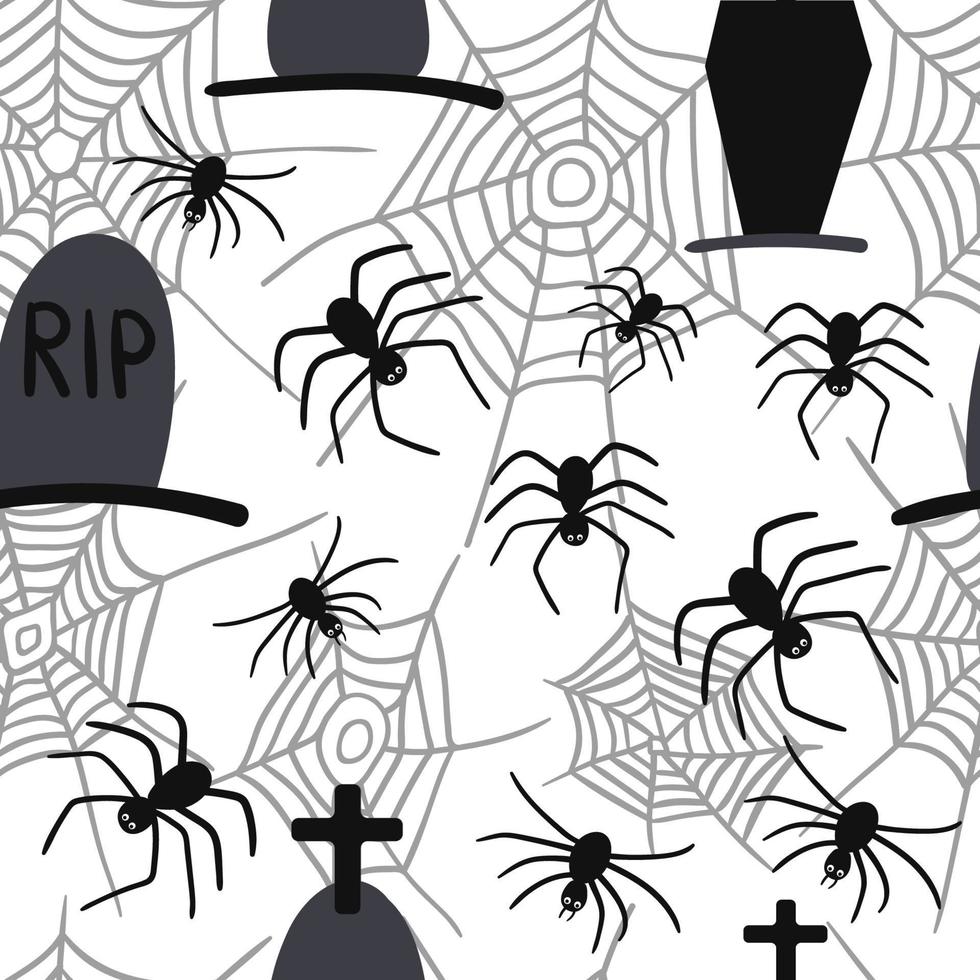 Spider web seamless pattern. Vector spider isolated on white background. Halloween pattern.