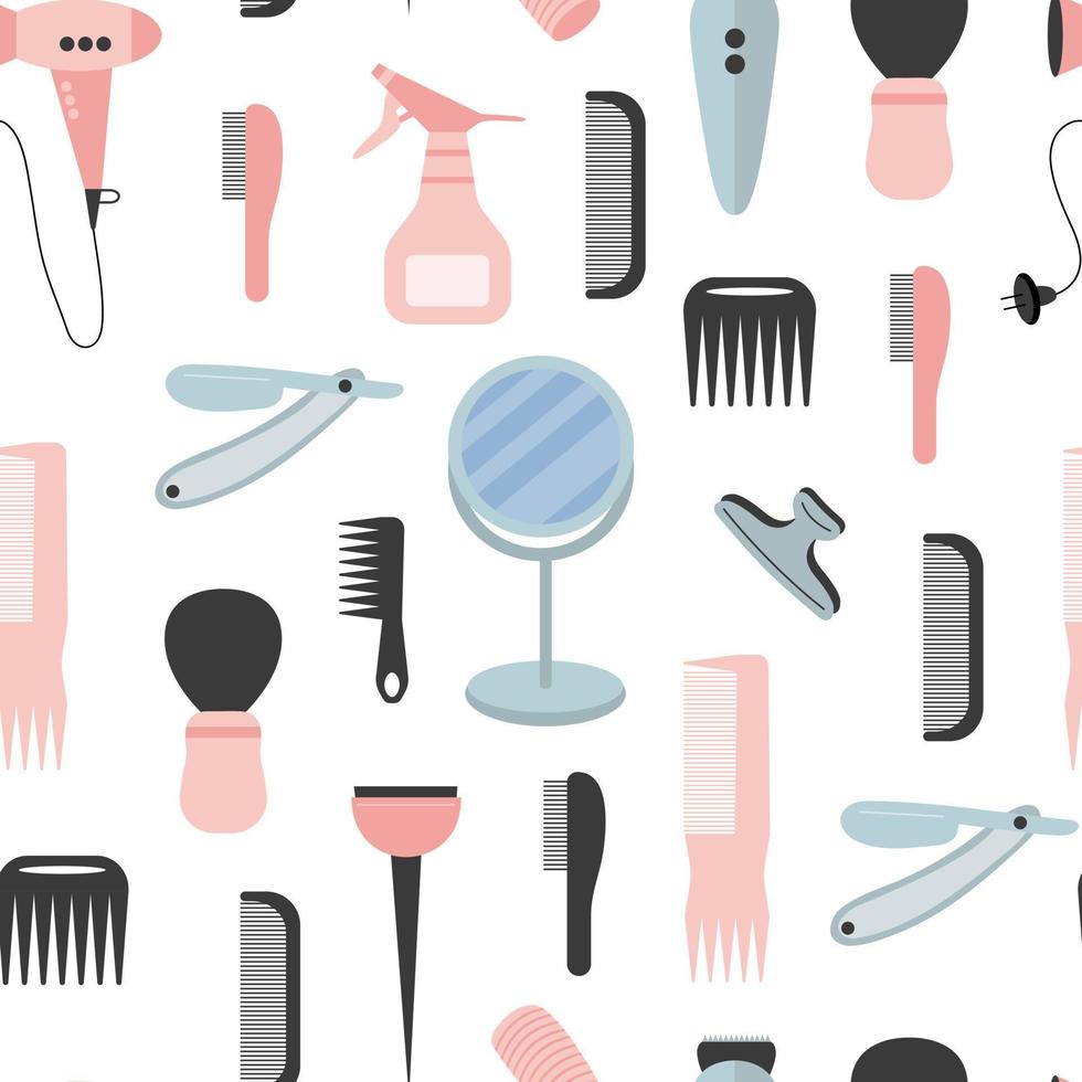 Barbershop vector flat style seamless pattern. Hair trimmer, scissors. razor shaving isolated on white background.