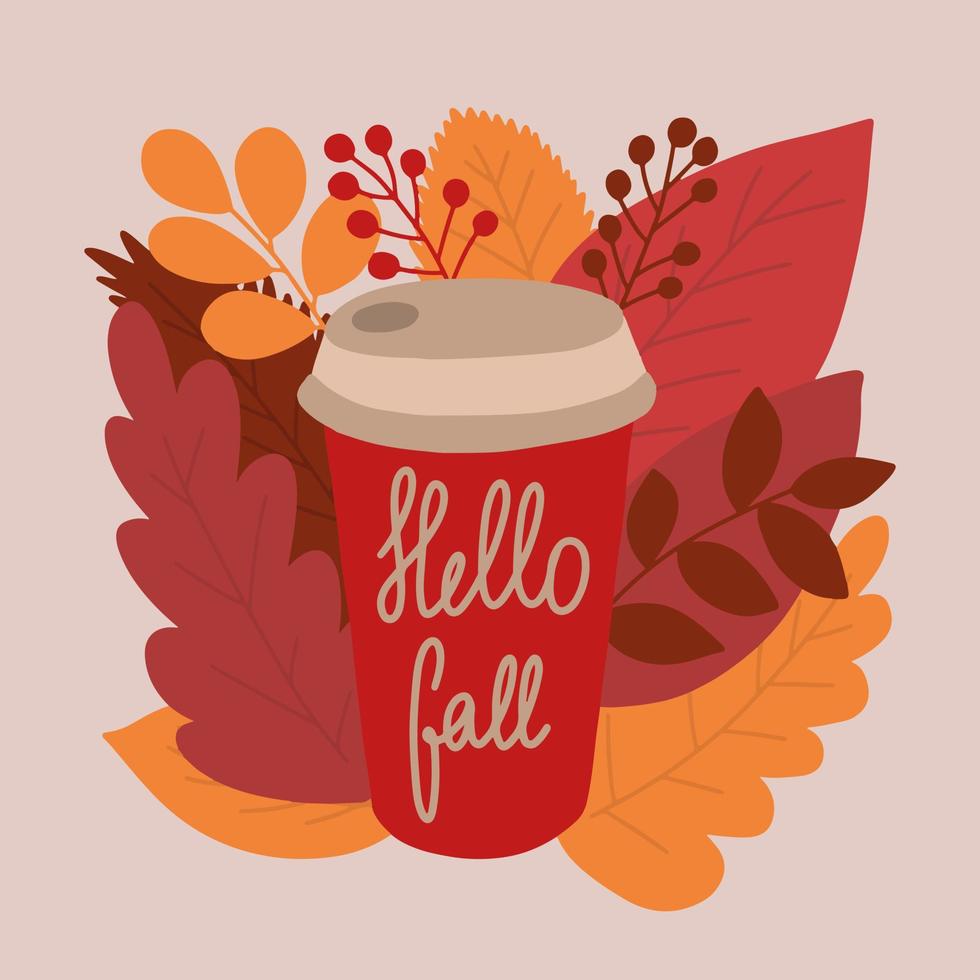 Ilustración de vector de taza de café con hojas de otoño detrás. hola taza de vector de otoño con ilustración de bebida caliente.