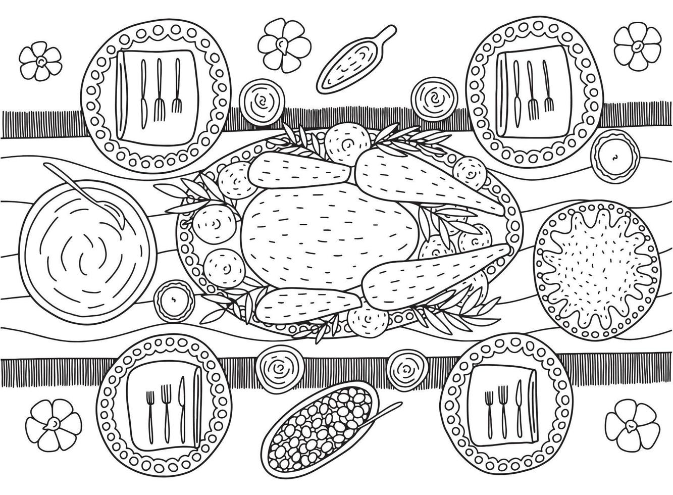 Coloring page with Thanksgiving turkey dinner table top view. Vector overhead view table with turkey and pumpkin pie coloring page