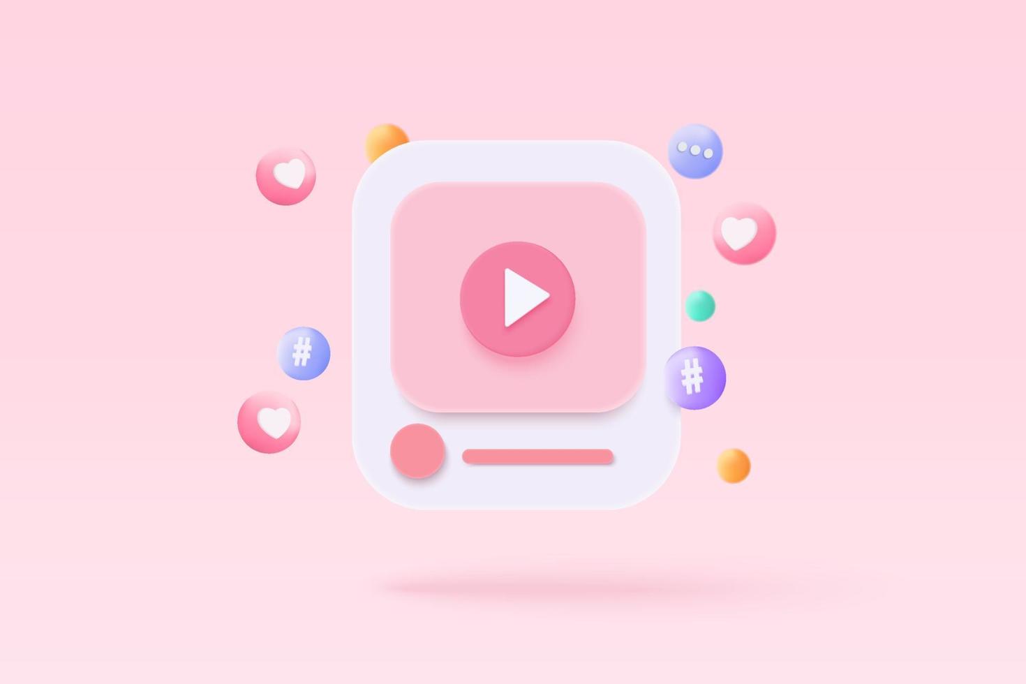 3d social media with live streaming and emotion on frame in pink background. Social media online playing video for make money passive income concept. 3d live entertainment vector render illustration