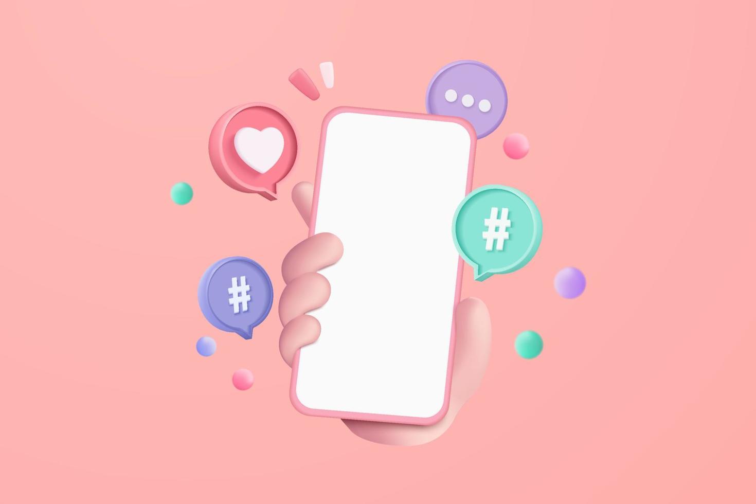 3D vector minimal social media with video and photo gallery on mobile hand holding, interface optimization for banner and website for mockup mobile concept. Image 3d display with device smartphone
