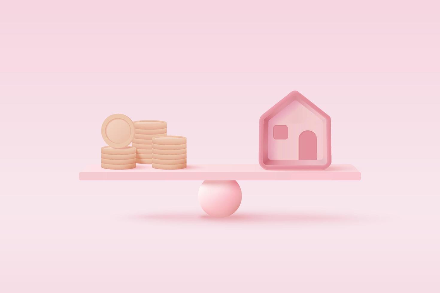3D money coin compare house on weighing scale, financial investing, money-saving, money exchange with home, financial home loan management concept. 3d property balance vector render in pink background