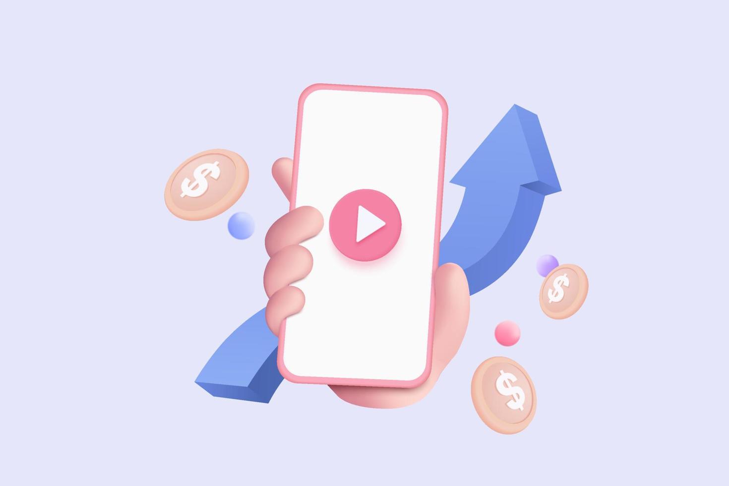 3d social media with live streaming on mobile phone in holding hand. Social media online playing video for make money passive income concept. 3d mobile entertainment vector render illustration