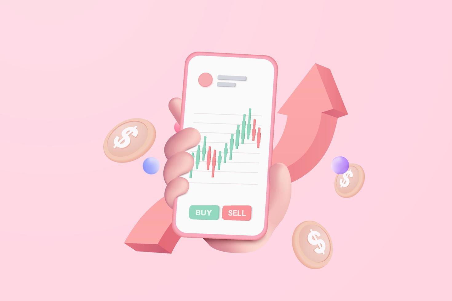 3D money coin hand holding on smartphone background. holding money in business hand concept, online payment on mobile. 3d vector render concept. finance, investment, money saving on hand isolated