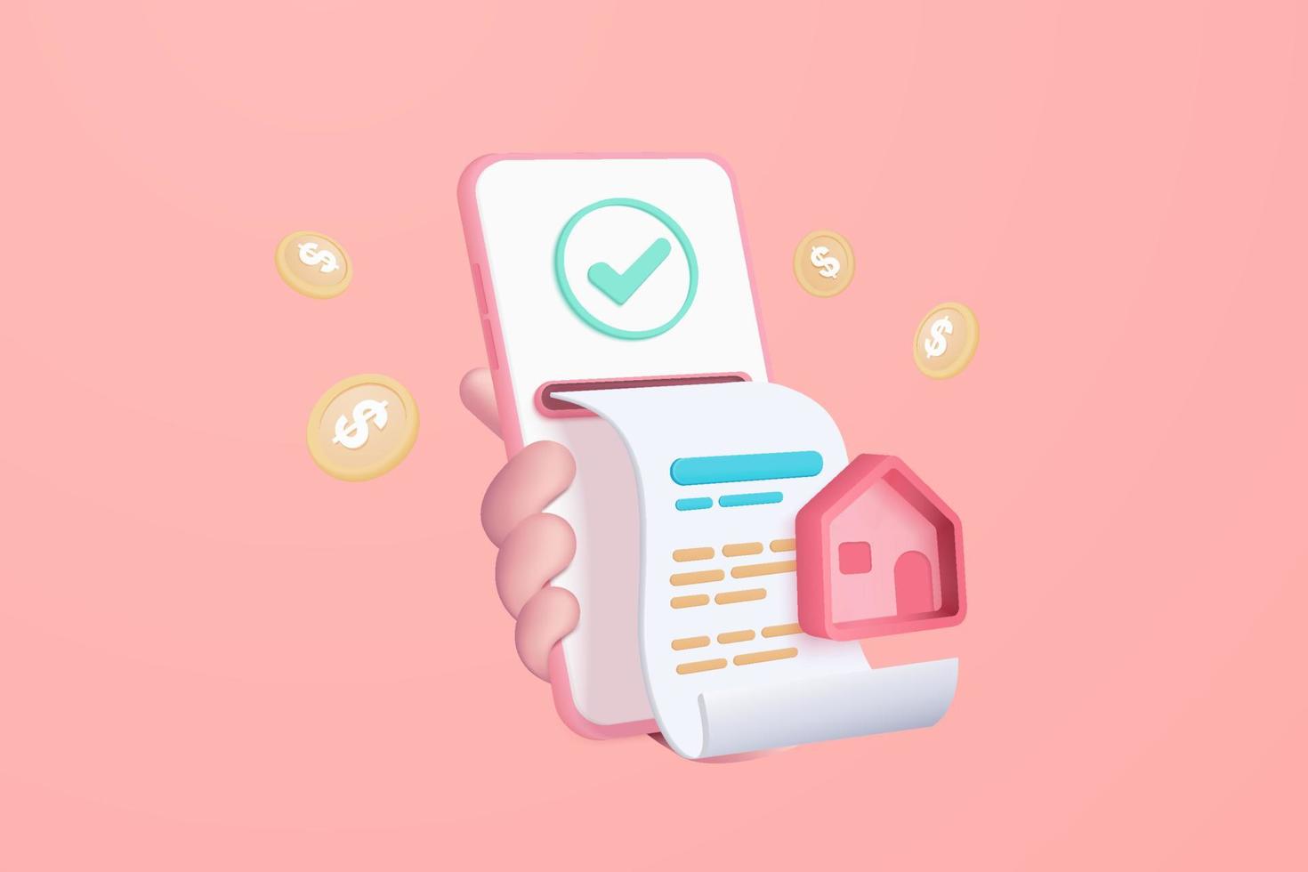 3d pay money with mobile phone banking online payment cartoon concept. House bill payment transaction on app. Mobile in hand holding with financial paper. 3d home bill payment vector icon illustration